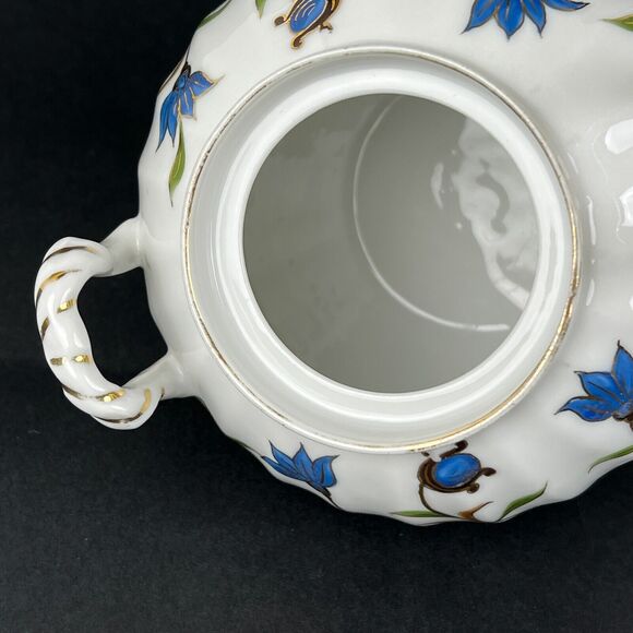 Jar Lid White Ceramic Blue Flowers Gold Trim Side Handles Decorative 4.75" Tall - Picture 4 of 12